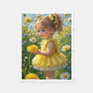 Cobertor De Velo Linda Menina de Vestido Amarelo Campo de Flores Fl