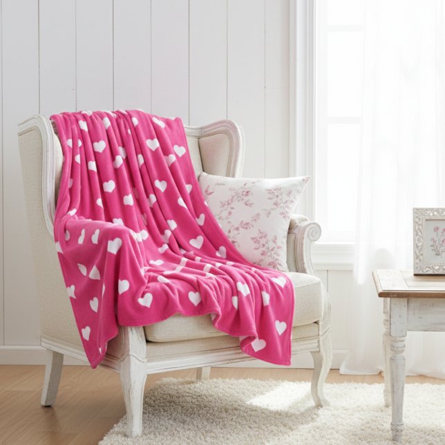 Cobertor De Velo Lindo Rosa Quente com Corações Brancos (Cute Hot Pink with White Hearts Fleece Blanket)