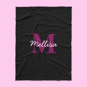 Cobertor De Velo Lindo Script de Monograma Rosa e Preto Personalizá