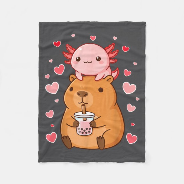 Cobertor De Velo Lindos Kawaii Axolotl Capybara Chá Bubble Meninas  (Frente)