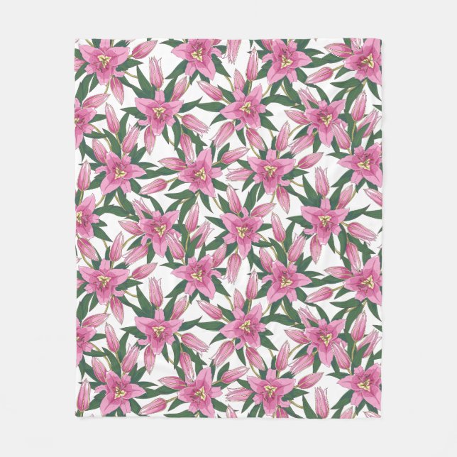 Cobertor De Velo Lírios em Flor em Rosa Pastel sobre Branco (Frente)