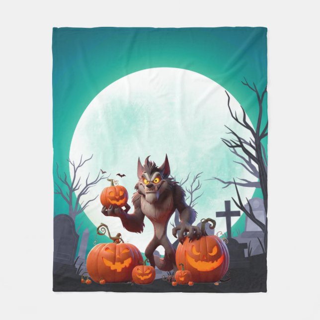 Cobertor De Velo Lobisomem e abóboras de Halloween (Frente)