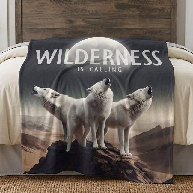 Cobertor De Velo Lobos Uivando à Lua Cheia Wilderness está Chamando (Trio of White Wolves Howling at Full Moon Wilderness is Calling Fleece Blanket Cover Photo 1)