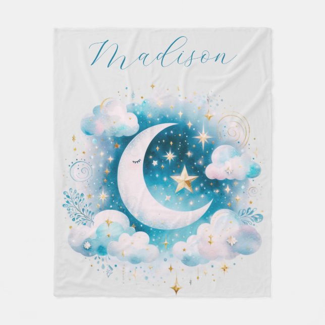Cobertor De Velo Lua Crescente Azul e Branco Celestial Boho Moderno (Frente)