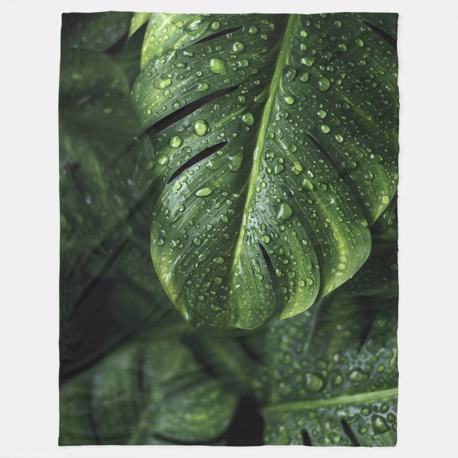 Cobertor De Velo Lush Monstera Leaves with Morning Dew Drops (Frente)