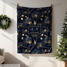 Cobertor De Velo Lux Minimalist Navy Throw Gold Flowers Monogram