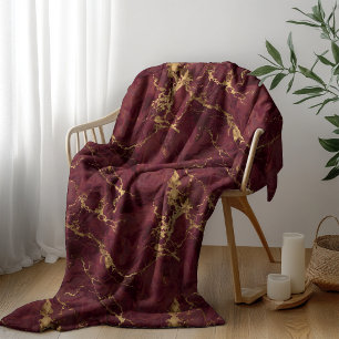 Cobertor De Velo Luxo Elegante Aconchegante Mármore Dourado Burgund