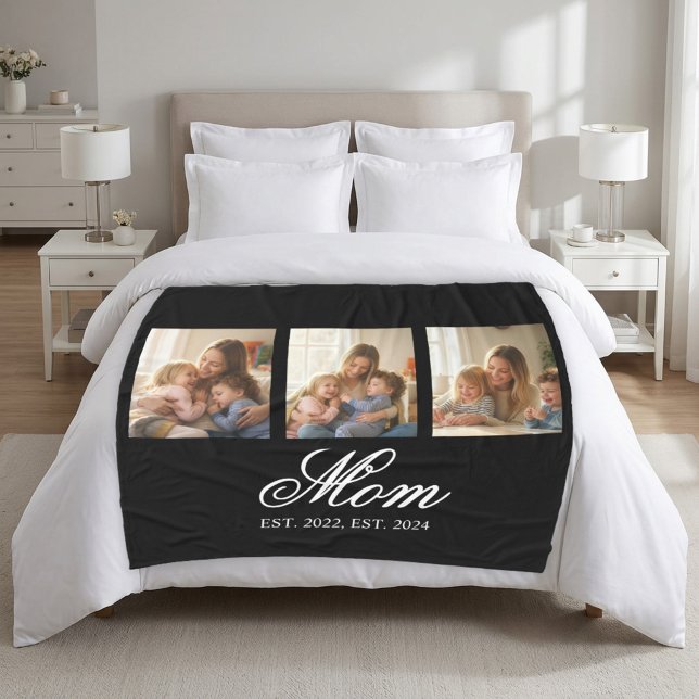 Cobertor De Velo Mãe Estabeleceu Roteiro Elegante 3 Foto (Mom EST. Elegant Script 3 Photo Fleece Blanket. personalize the est years for a Mother's Day Gift)