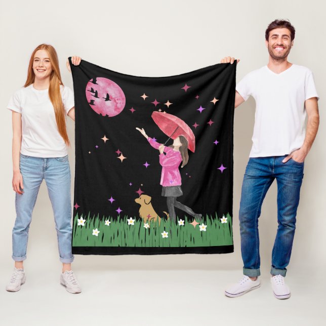 Cobertor De Velo Magnífica Lua Rosa & Cão Caminhada Fleece de Aquar (In Situ)