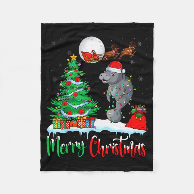 Cobertor De Velo Manatee Santa Hat Xmas Tree Merry Christmas Manate (Frente)