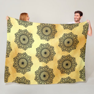Cobertor De Velo Mandala Preto em Fundo Dourado Suave