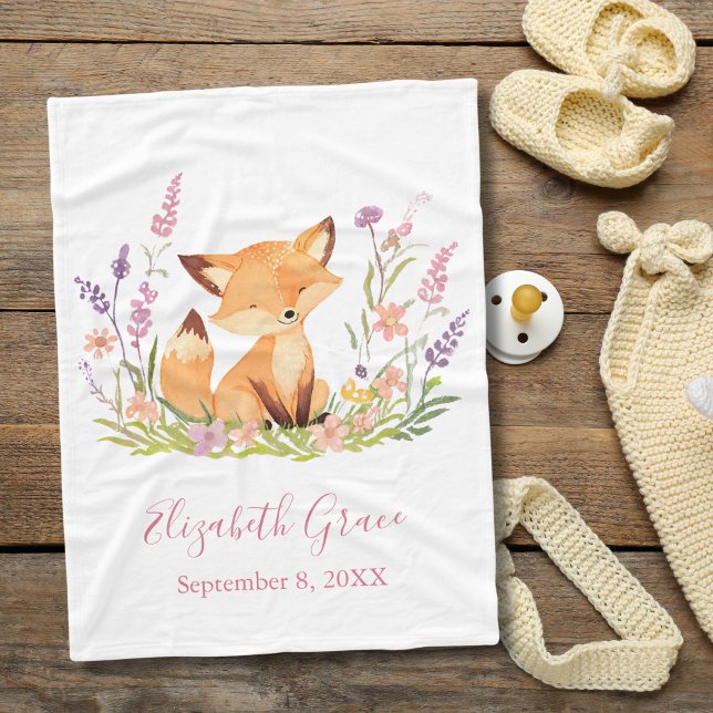 Cobertor De Velo Manto de Bebê Raposa Bebê Selvagens Rosas Personal (Personalized Baby Fox Birth Stats Baby Blanket Baby Girl, Baby Shower gift, new baby gift )