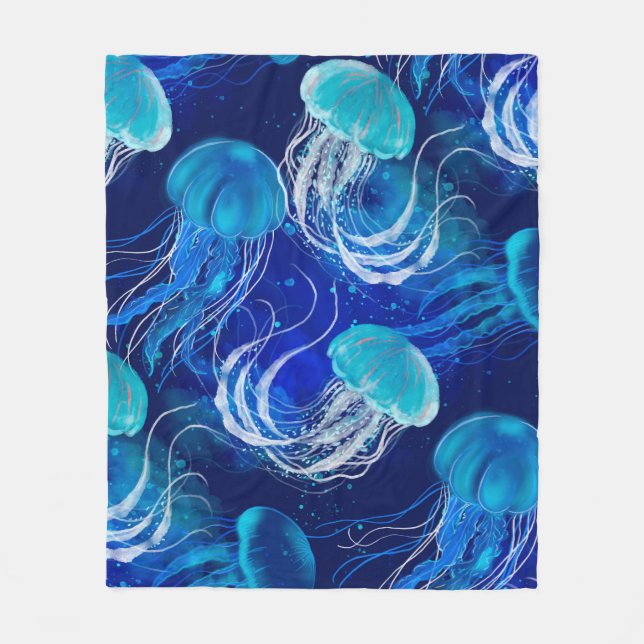 Cobertor De Velo Many blue jellyfishes swimming underwater. Seamles (Frente)