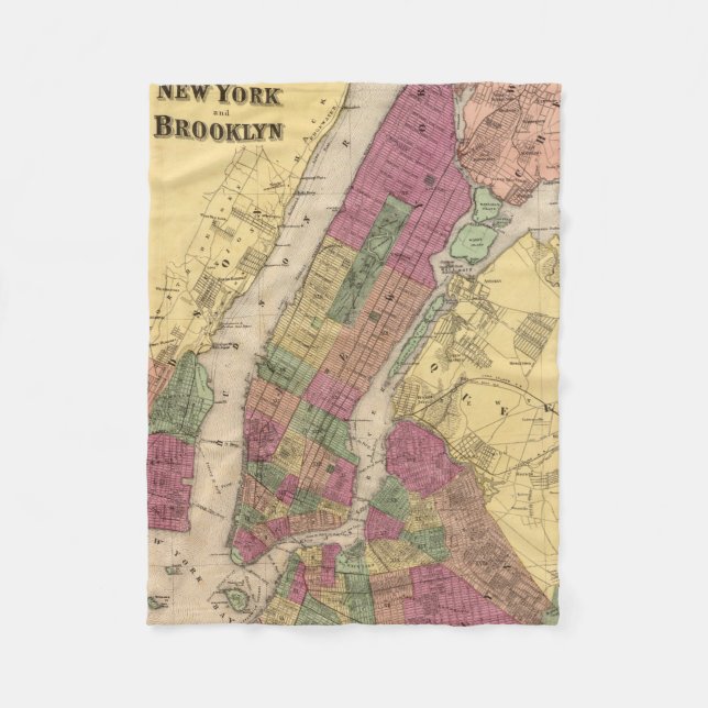Cobertor De Velo Mapa da Vintage da NYC e do Brooklyn (1868) (Frente)
