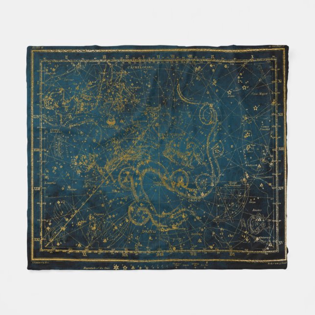 Cobertor De Velo Mapa de estrelas Dourado e Azul Escuro Ilustrado (Frente (Horizontal))
