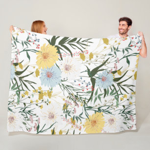 Cobertor De Velo Marfim natural e azul floral l Watercolor l White