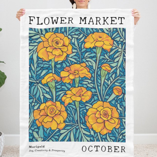 Cobertor De Velo Marigold de outubro - Frota de Nascimento do Azul  (Personalized October Birth Flower Market Print Fleece Blanket, Customizable Marigold Floral Blanket)