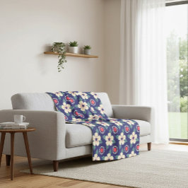 Cobertor De Velo Marinho Azul em Aberto com Flores de Creme