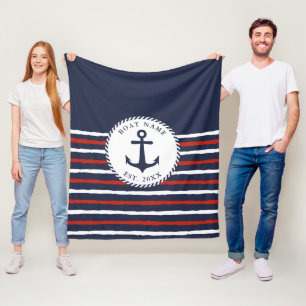 Cobertor De Velo Marinho Náutico Azul, Vermelho Branco Anchor Nome