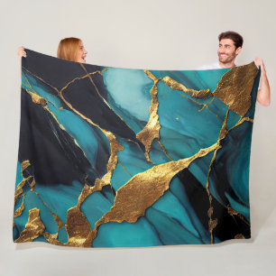 Cobertor De Velo Mármore Azul Teal Profundo com Veias de Ouro Ousad
