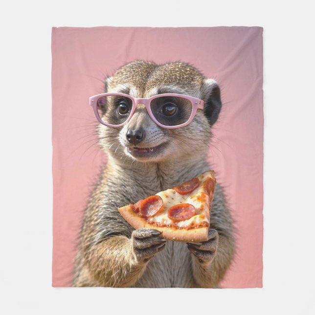 Cobertor De Velo Meerkat bonito com óculos e pizza (Frente)