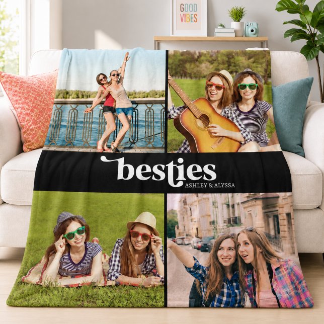 Cobertor De Velo Melhores Amigas 4 Fotos (besties bff best friends black and white typography 4 photo collage blanket)