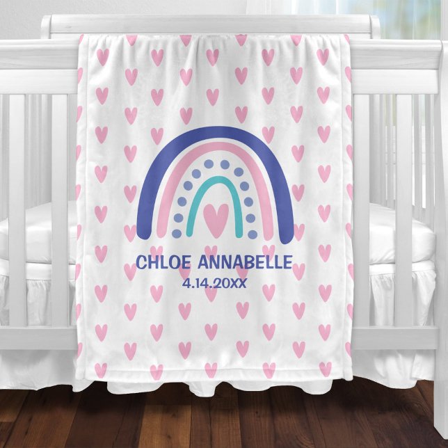 Cobertor De Velo Menina Bebê Arco-íris e Corações Personalizado (Criador carregado)