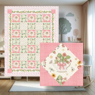 Cobertor De Velo Menina Bebê Floral Xadrez de Morangos de Verão