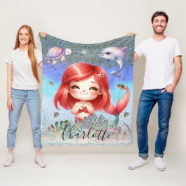 Cobertor De Velo Menina Bonita "Sereia Sob O Mar" Cabelo Vermelho