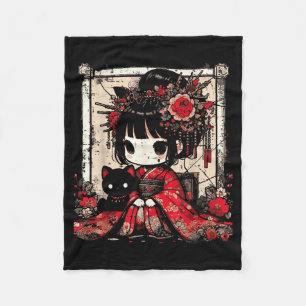 Cobertor De Velo Menina Chibi Kimono Gato Preto Flores Arte Japones