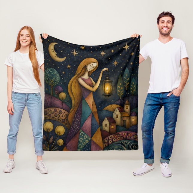COBERTOR DE VELO MENINA COM LANTERNA SOB O CÉU ESTRELADO AZUL (In Situ)
