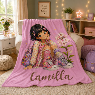 Cobertor De Velo Menina de Cabelo Escuro Personalizada Nome