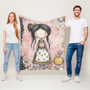 Cobertor De Velo Menina Fofa de Rosa com Vestido Estampado de Marga