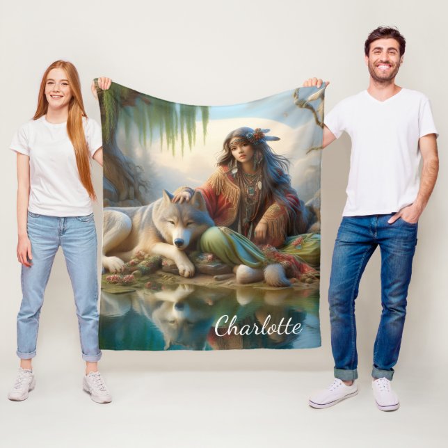 Cobertor De Velo Menina nativa aproveitando um momento com seu lobo (In Situ)