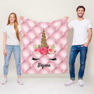 Cobertor De Velo Menina Unicórnio Rosa e Glitter Dourado Rosas Tend