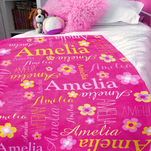 Cobertor De Velo Meninas amarelas cor-de-rosa Nome Amelia Flor Blan