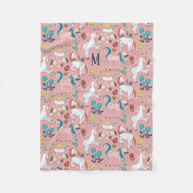 Cobertor De Velo Meninas arco-íris rosa unicórnio estampa total (Frente)