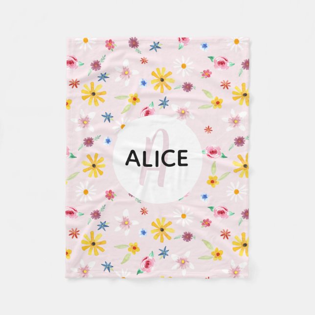 Cobertor De Velo Meninas Cute Flower Pattern Monogramas e Kids (Frente)
