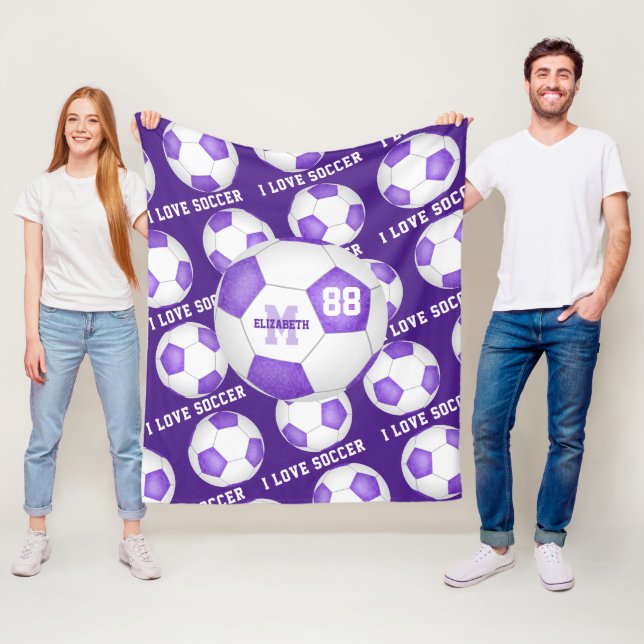 Cobertor De Velo Meninas eu adoro texto de futebol branco roxo (In Situ)