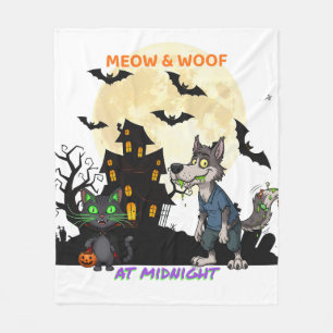 Cobertor De Velo "Meow & Woof at Midnight" Cat & Werewolf