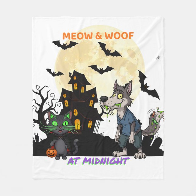 Cobertor De Velo "Meow & Woof at Midnight" Cat & Werewolf (Frente)