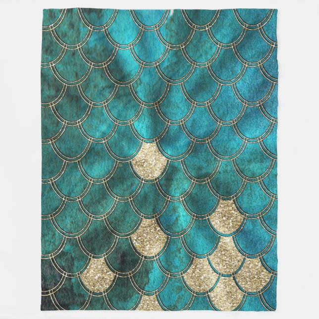 Cobertor De Velo Mermaidescalas verdes aqua com brilho dourado (Frente)
