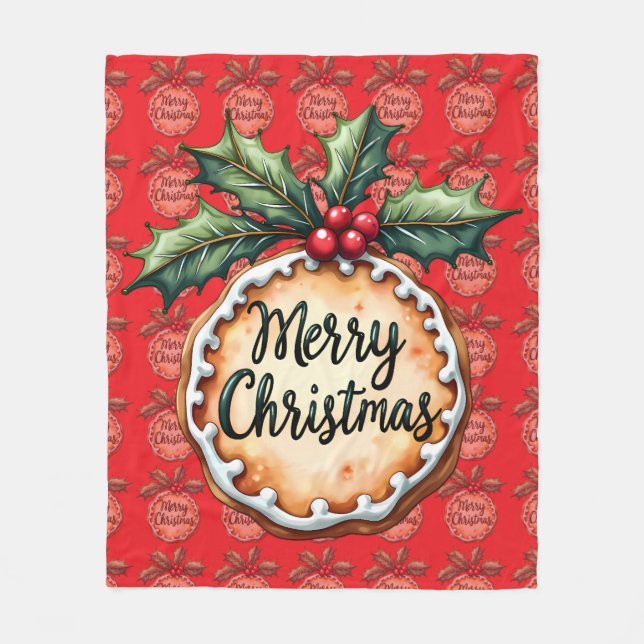 Cobertor De Velo Merry Christmas Cookie with Holly Berries Red (Frente)