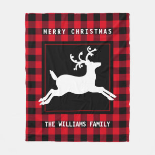 Cobertor De Velo Merry Christmas Reindeer Rustic Red Buffalo Check