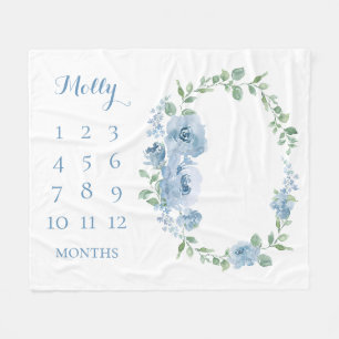 Cobertor De Velo Meses de Bebê Azul Floral Monogramada