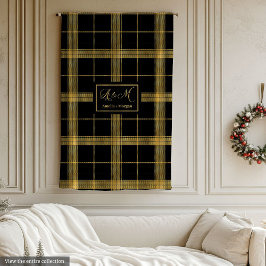 Cobertor De Velo Modern Black Gold Plaid Custom Name Blanket