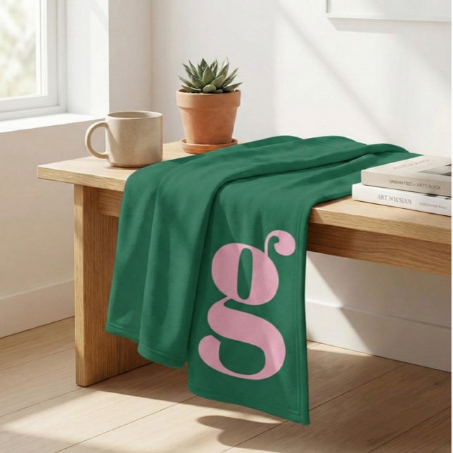 Cobertor De Velo Modern Monogram Initial Letter Pink Green Preppy (Criador carregado)