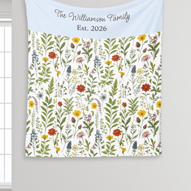Cobertor De Velo Modern Watercolor Wildflower Pattern Personalized (A pretty fleece blanket patterned with colorful wildflowers, with personalized name and year)