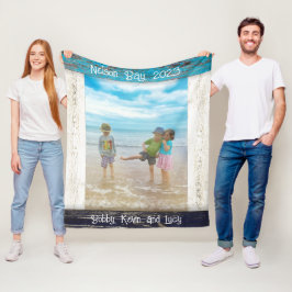 Cobertor De Velo Moldura de Foto em Madeira com Texto Azul Rústico 