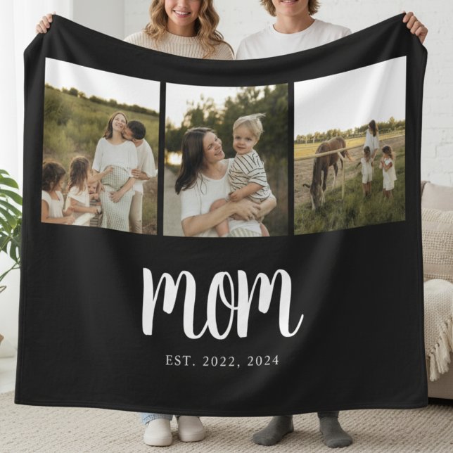 Cobertor De Velo Mom Established Modern Bold Script Black 3 Photo (modern 3 photo black and white script mom established blanket gift for mom mother's day christmas)